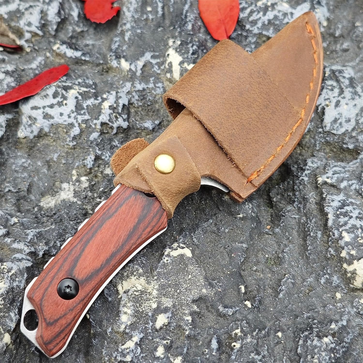 6.30 in Tactical Fixed Blade Knife - Stabilized Wood Handle, Drop-Point Blade, Full-Tang EDC Hunting Knife for Outdoor Survival & Camping, Gift for Men (Wood Handle)