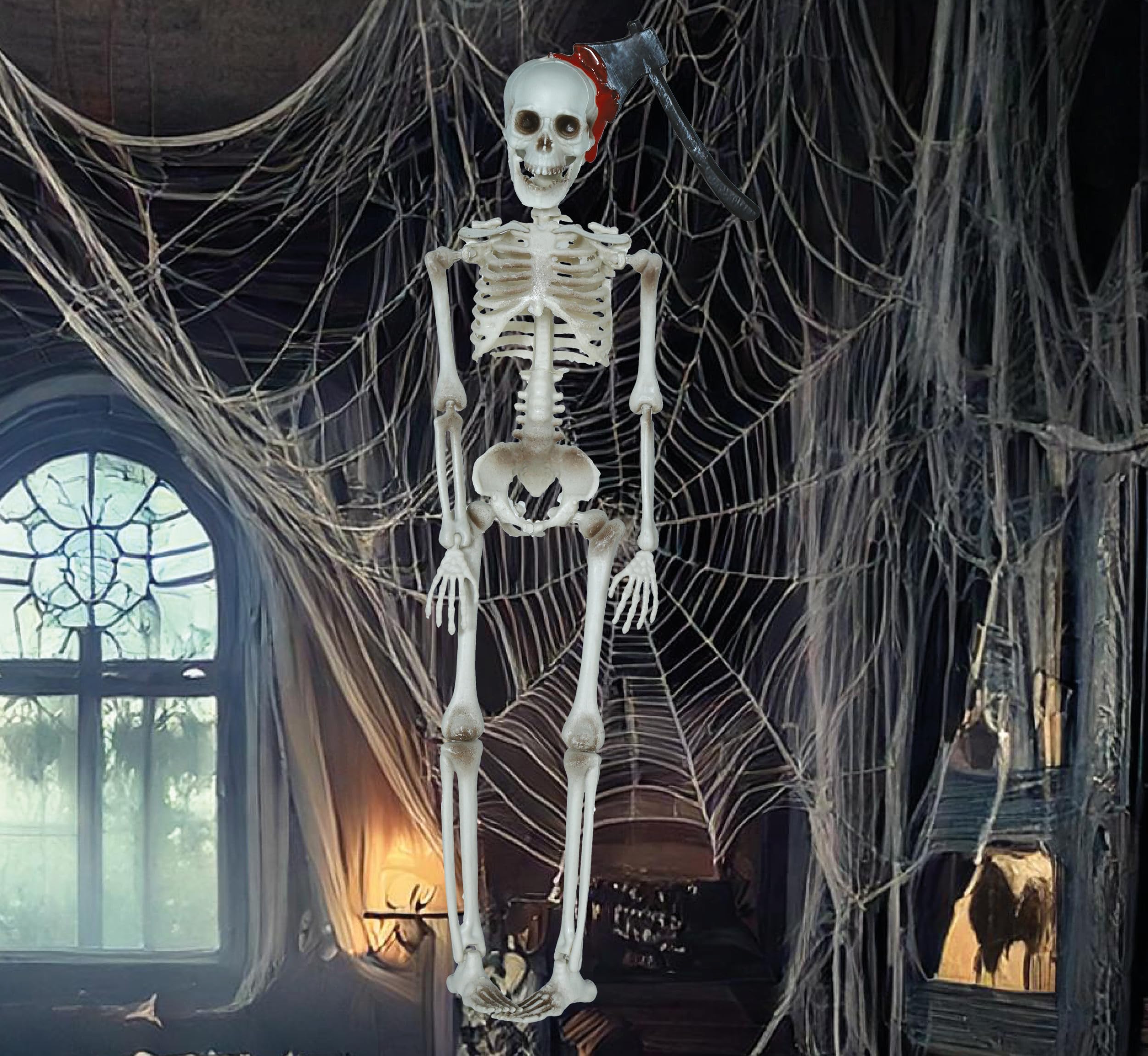FIESTAS GUIRCA | Hanging Skeleton with Axe (15.7 in) - Halloween Decoration for Horror Parties and Skeleton Celebrations - Ideal for Spooky Environments and Scary Scenes - Beige