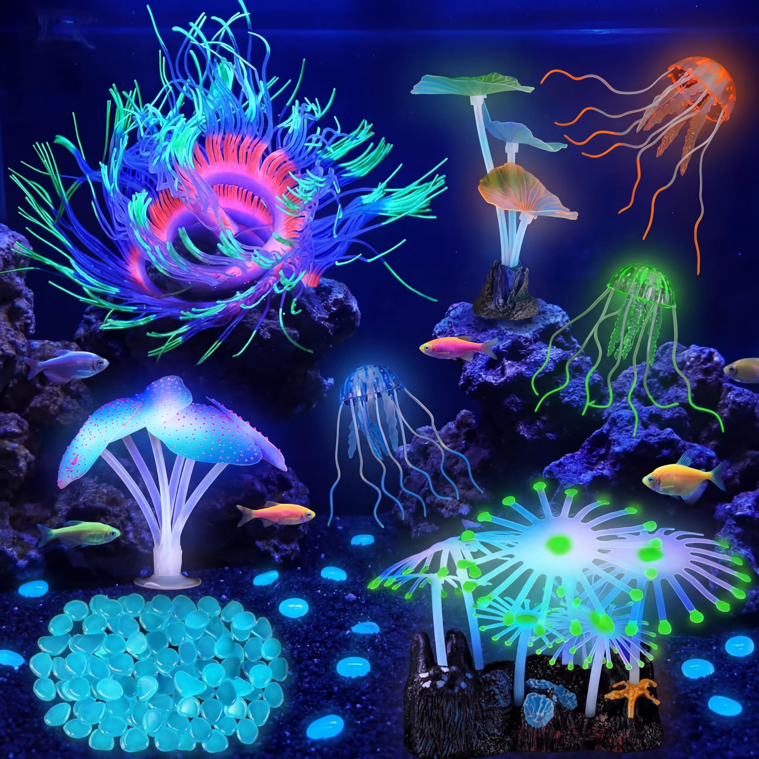 Weewooday 57 Pieces Glowing Fish Tank Decorations Plants with Simulation Silicone Coral Glowing Jellyfish Lotus Leaf Changeable Green Sea Anemone Luminous Stones for Aquarium Fish Tank Ornament : Pet Supplies