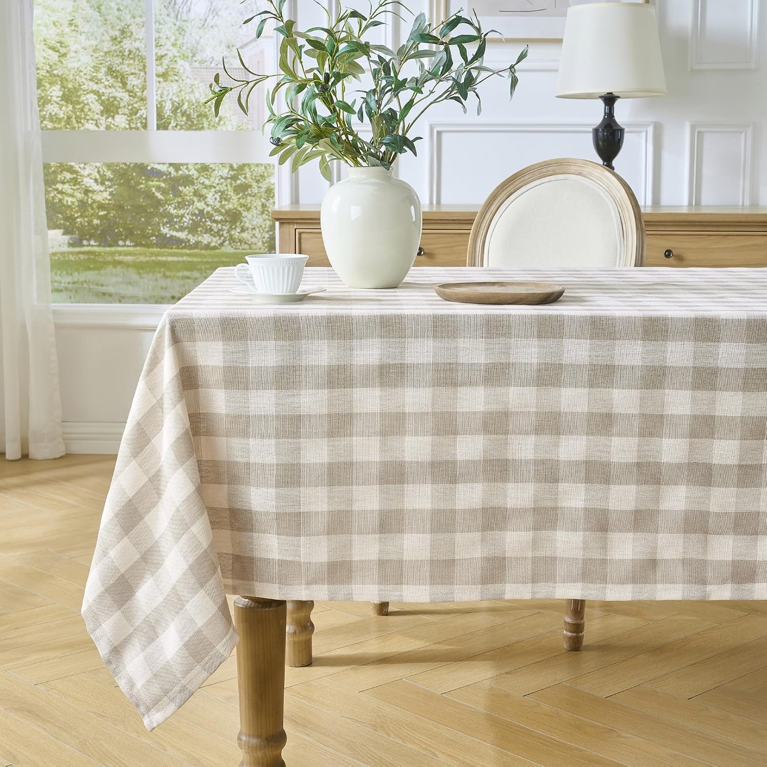 Beige Gingham Tablecloth, Neutral Checkered Table Cloth Cotton Linen Fabric, Washable Wrinkle Free Tan Buffalo Plaid Table Cover for Farmhouse, Dining, Kitchen Party 60"x75" Rectangle