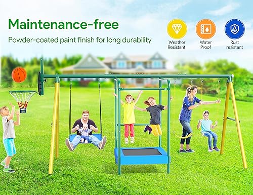Miniatura 7 de Swing Sets for Backyard, 5-in-1 Outdoor Swing Set, 660 lbs Heavy Duty Extra Large Metal Kids Swing Sets with Trampoline, Platform Swing, 2 Swings