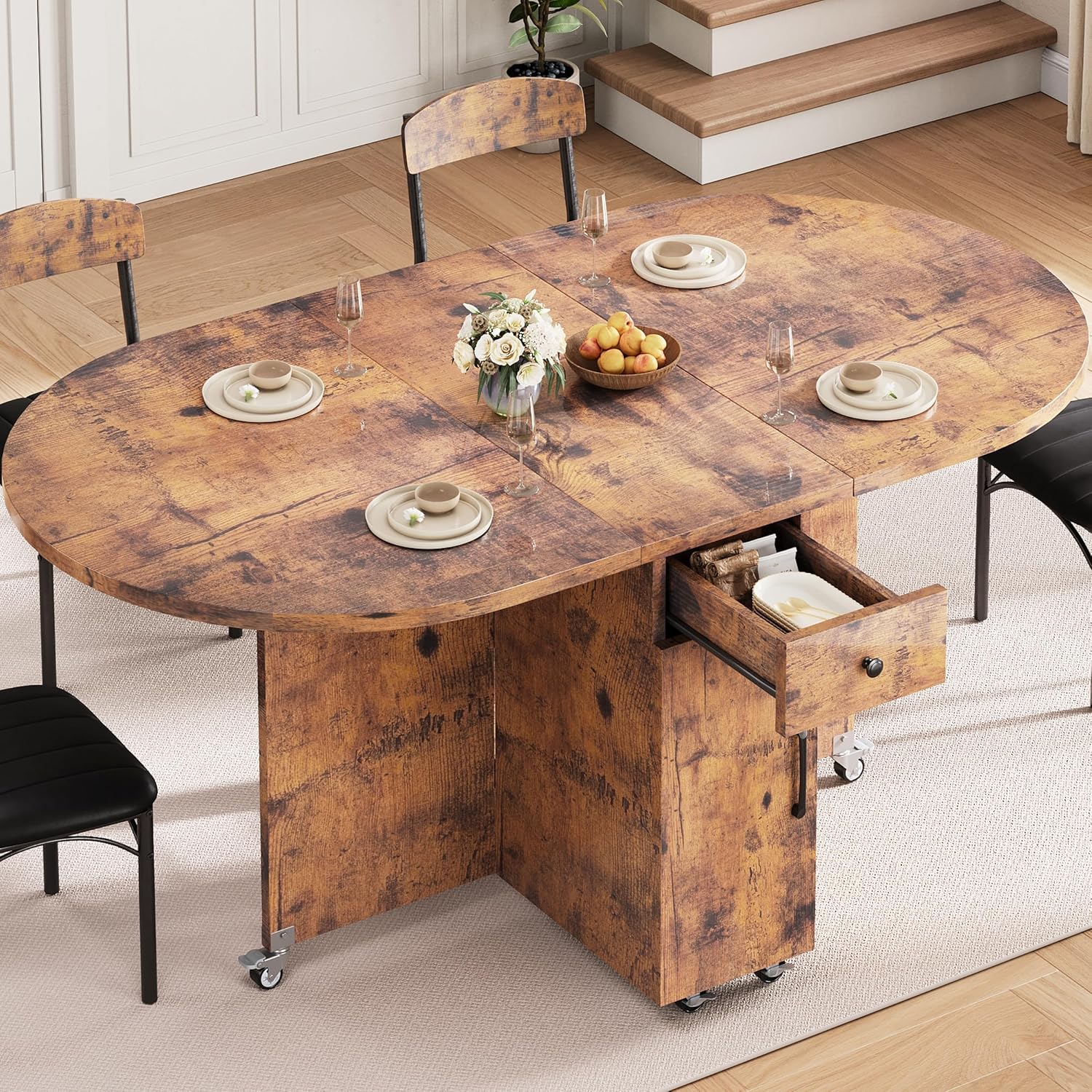 Jocoevol Folding Dining Table for 6, Space Saving Drop Leaf Kitchen Table with Storage Drawer, 6 Wheels Oval Gateleg Foldable Dining Table for Small Spaces (Vintage, 51" x 31.5" x 30")