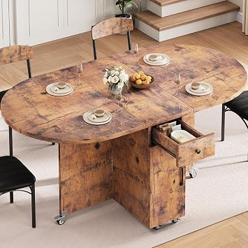 Jocoevol Folding Dining Table for 6, Space Saving Drop Leaf Kitchen Table with Storage Drawer, 6 Wheels Oval Gateleg Foldable Dining Table for Small Spaces Vintage, 51" x 31.5" x 30"