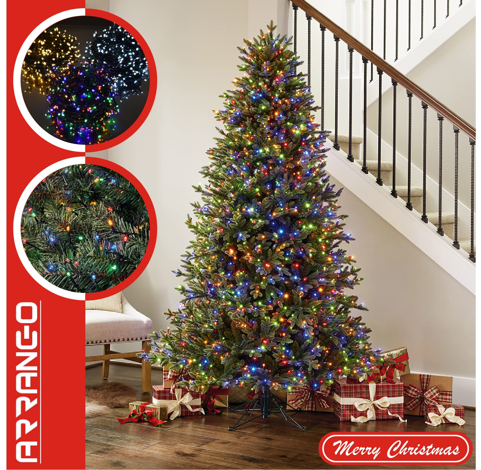 ARRANCIO Luci Albero Di Natale Multicolore, Luci Natalizie a 200 LED 10 Metri, Cavo Verde, 8 Modalità, Luci Albero Di Natale da Interno Ed Esterno, Impermeabile IP44 (Cavo Verde, 200 LED, Luce RGB)