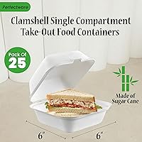 Vista 3 de Recipientes de comida para llevar con un solo compartimento 100% compostable, 6 x 6 pulgadas. 25 envases, bagazo desechable natural, biodegradable