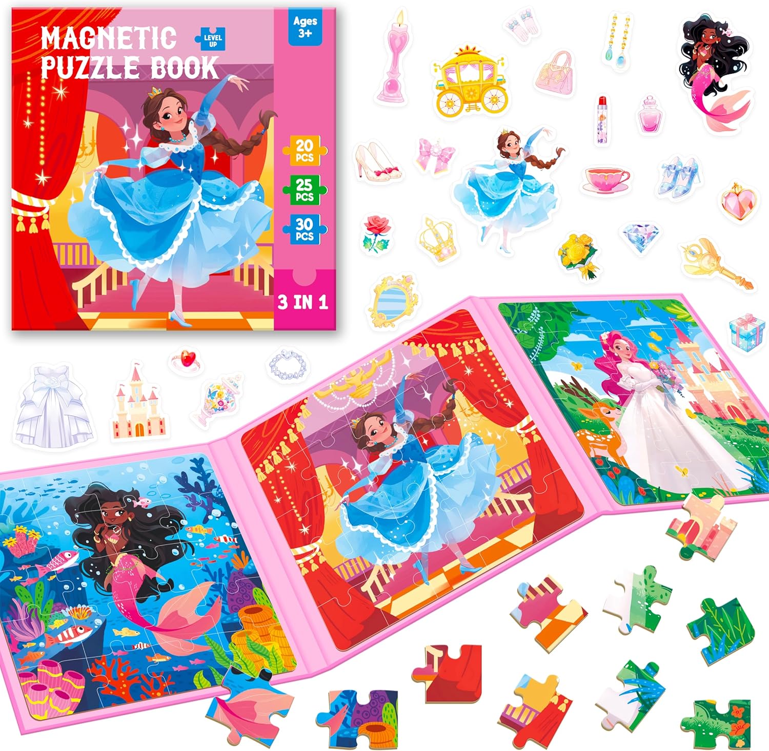 Magnetic Puzzles for Kids 3-5 Years, 3 leveled Travel Puzzles-20/25/30 Pieces Sudoku Puzzle Games Magnetic Jigsaw Puzzles, Trip Toys, Car Activities for Preschool Girls (Princess Theme)