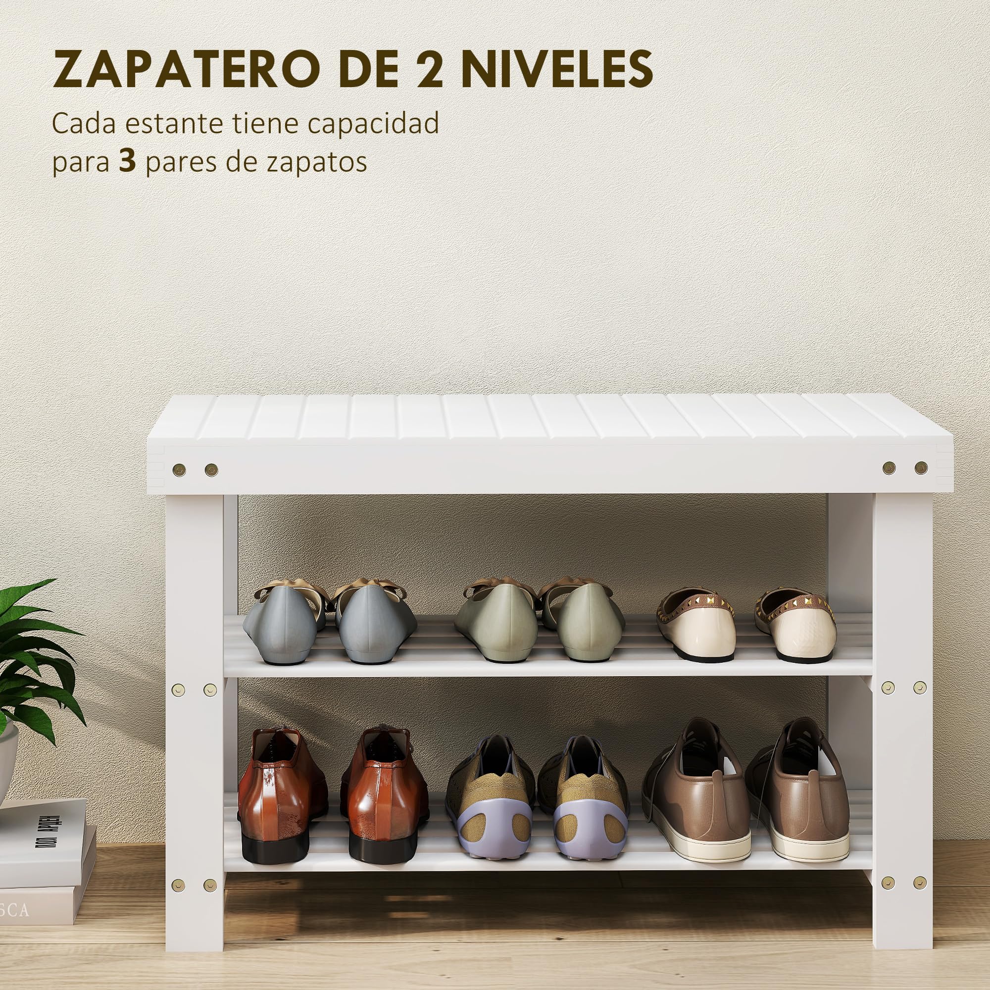 HOMCOM Banco Zapatero de Bambú Zapatero con Asiento Organizador de Zapatos de 3 Niveles para 6 Pares Zapatos para Entrada Salón Dormitorio 70x28x45 cm Blanco