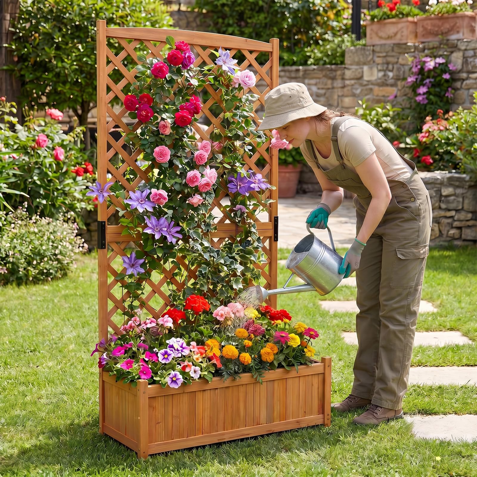 COSTWAY Blumenkasten mit Rankgitter, Pflanzkasten Tannenholz, Pflanzkbel  mit Sichtschutz, Hochbeet mit Spalier, Drainagelchern, Rankhilfe fr  Kletterpflanzen Garten Terrasse, 90x45x180,5cm (Orange): Amazon.de: Garten