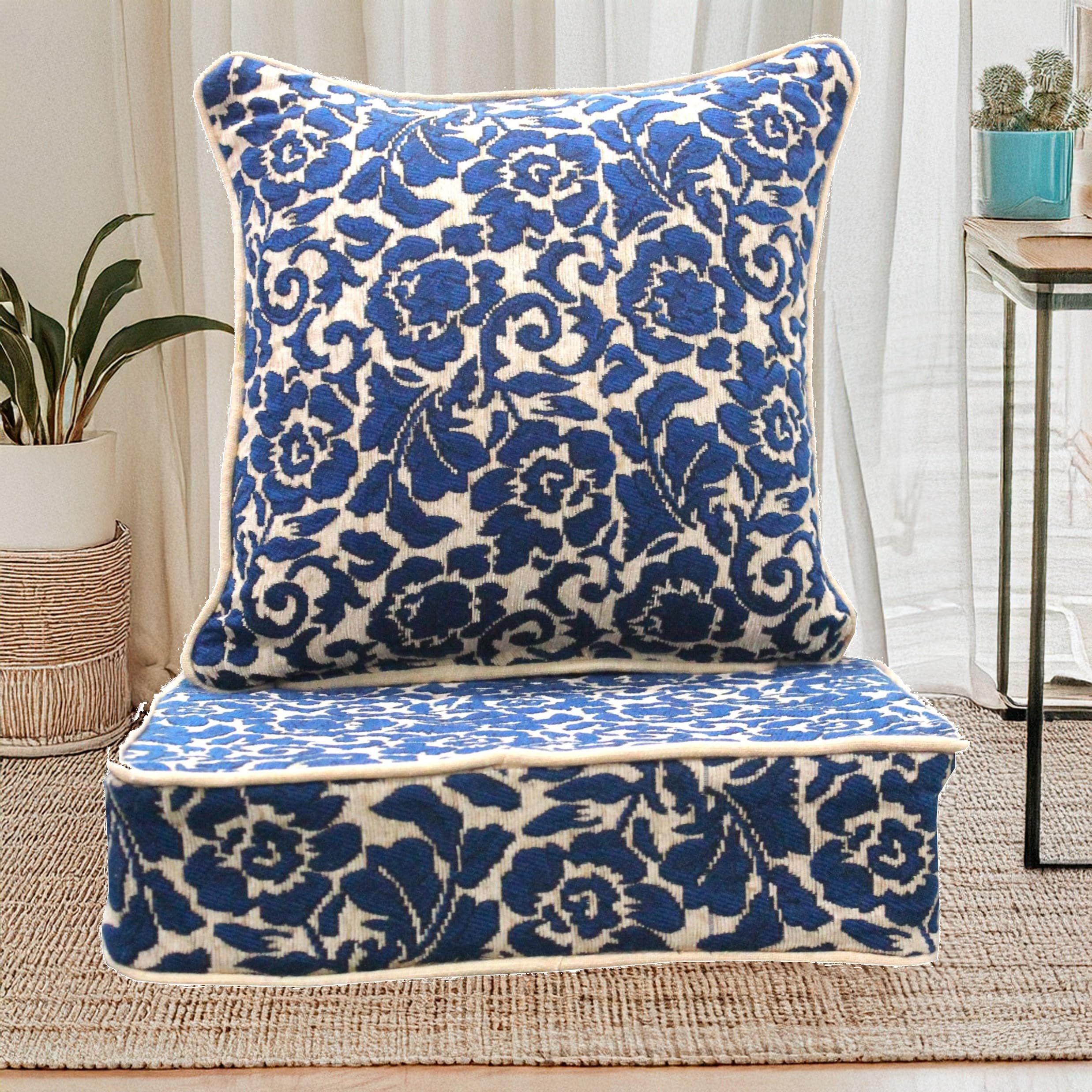 The Furnishers Multipurpose 60x60x8 cm Woven High-Density Foam Cushion Set for Floor, Patio, Chair, and Balcony Seating – Navy Chenille Floral Design, Large Size - 24x24x3 inches