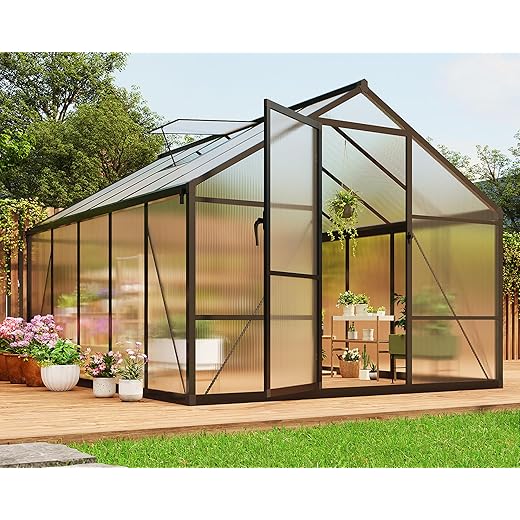 8 x 10 ft Greenhouse, Greenhouses for Outside, Polycarbonate Greenhouse with Aluminum Frame, Lockable Door and Ajustable Roof Vent for Backyard, Green Houses for Outside Garden Backyard, Patio
