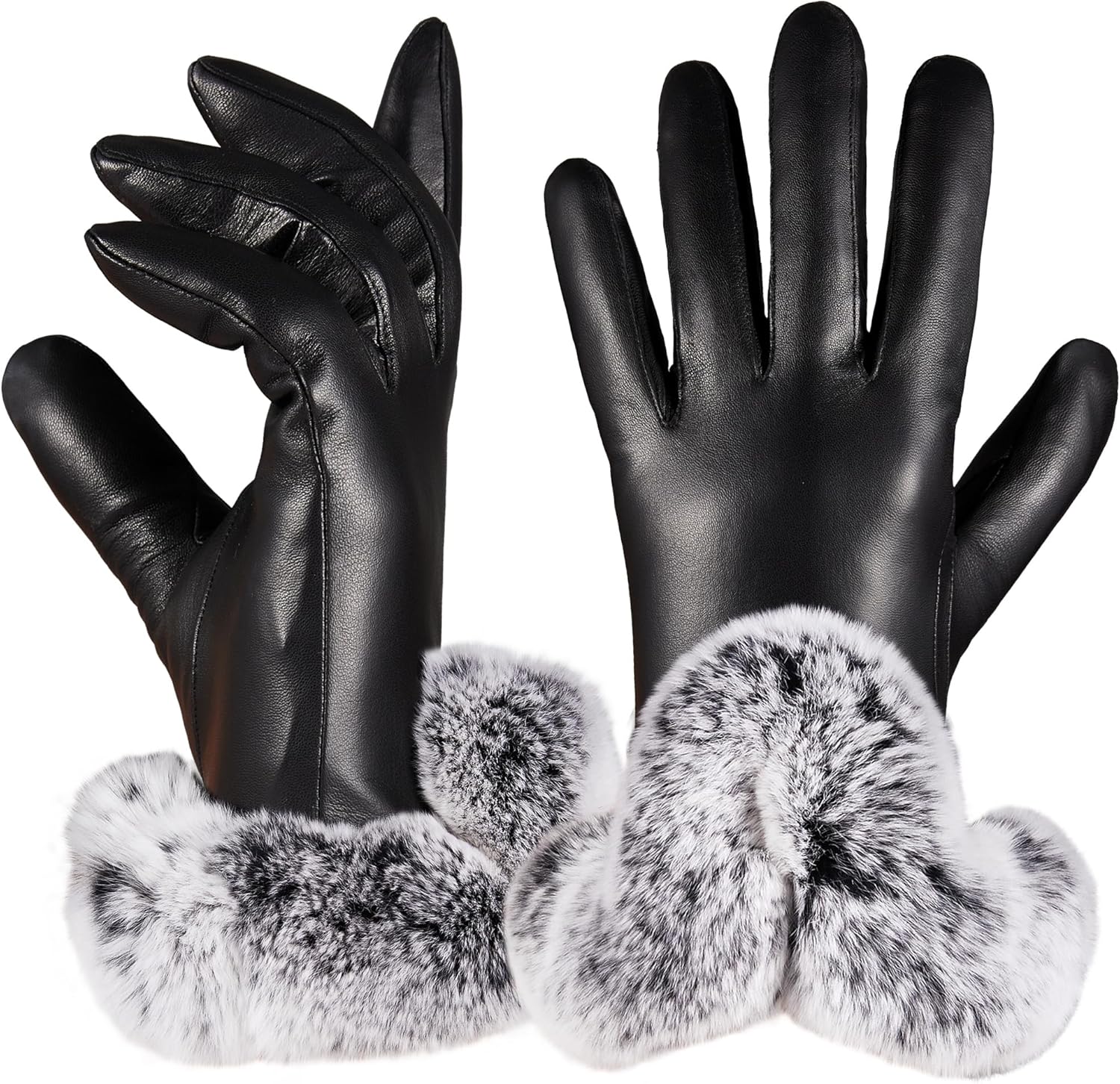 VIKIDEER Elegant Super Warm Fur Lined Gloves Women Leather Gloves Rabbit Fur Lining and Cuffs Touchscreen Driving