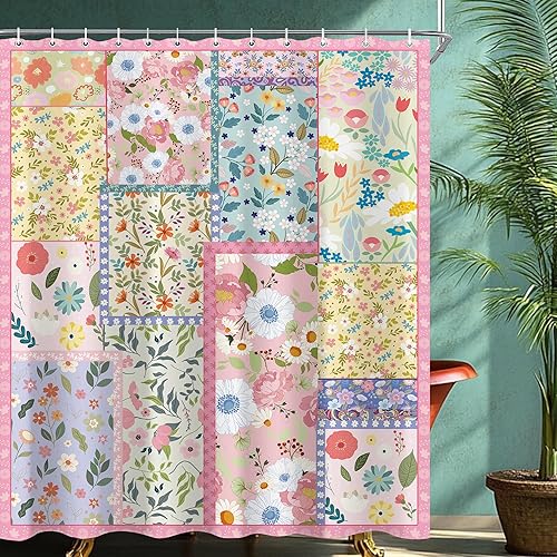 Juego de cortinas de ducha de retazos bohemios rosados para baño, 60 pulgadas de ancho x 72 pulgadas de alto, cortina de ducha floral retro vintage,