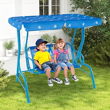 KOTEK Kids Patio Swing, 2-Seater Outdoor Hanging Bench with Adjustable Canopy, Safety Belt & Curved Armrest, Kids Swing Chair with Stand for Backyard, Garden, Lawn, Porch Blue Dinosaur