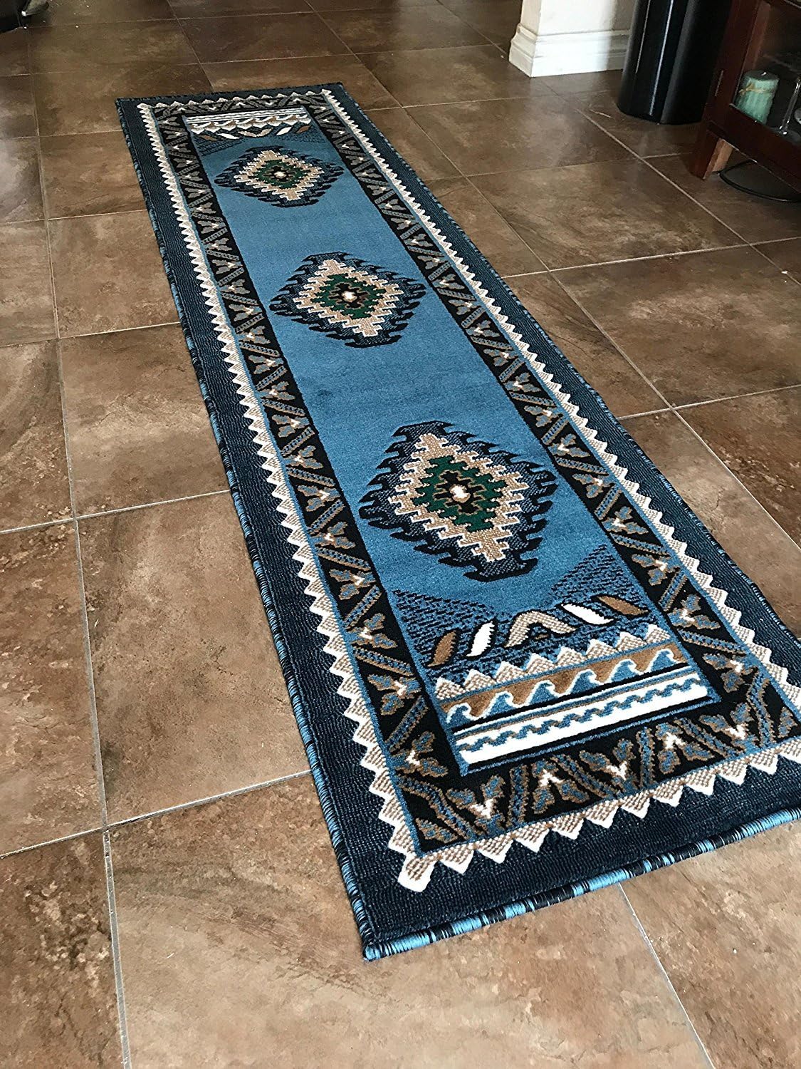 Kingdom Southwest Native American Indian Runner Rug Blue & Green D143 (2 Feet X 7 Feet)