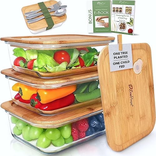 EcoPreps Glass Meal Prep Containers with Bamboo Lids (3 Pack) - 100% Plastic Free, Eco-Friendly Lunch Containers, Bamboo Lid Storage Container Set - Microwave Safe Glass Food Storage Container Set