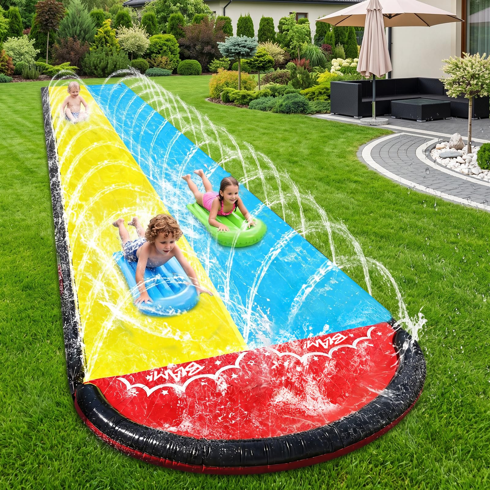 Yisquar Tobogán acuático para jardín, 480 cm, doble tobogán con aspersor integrado, con aspersor y 2 tablas inflables, tobogán acuático inflable, para fiesta de verano, Lawn