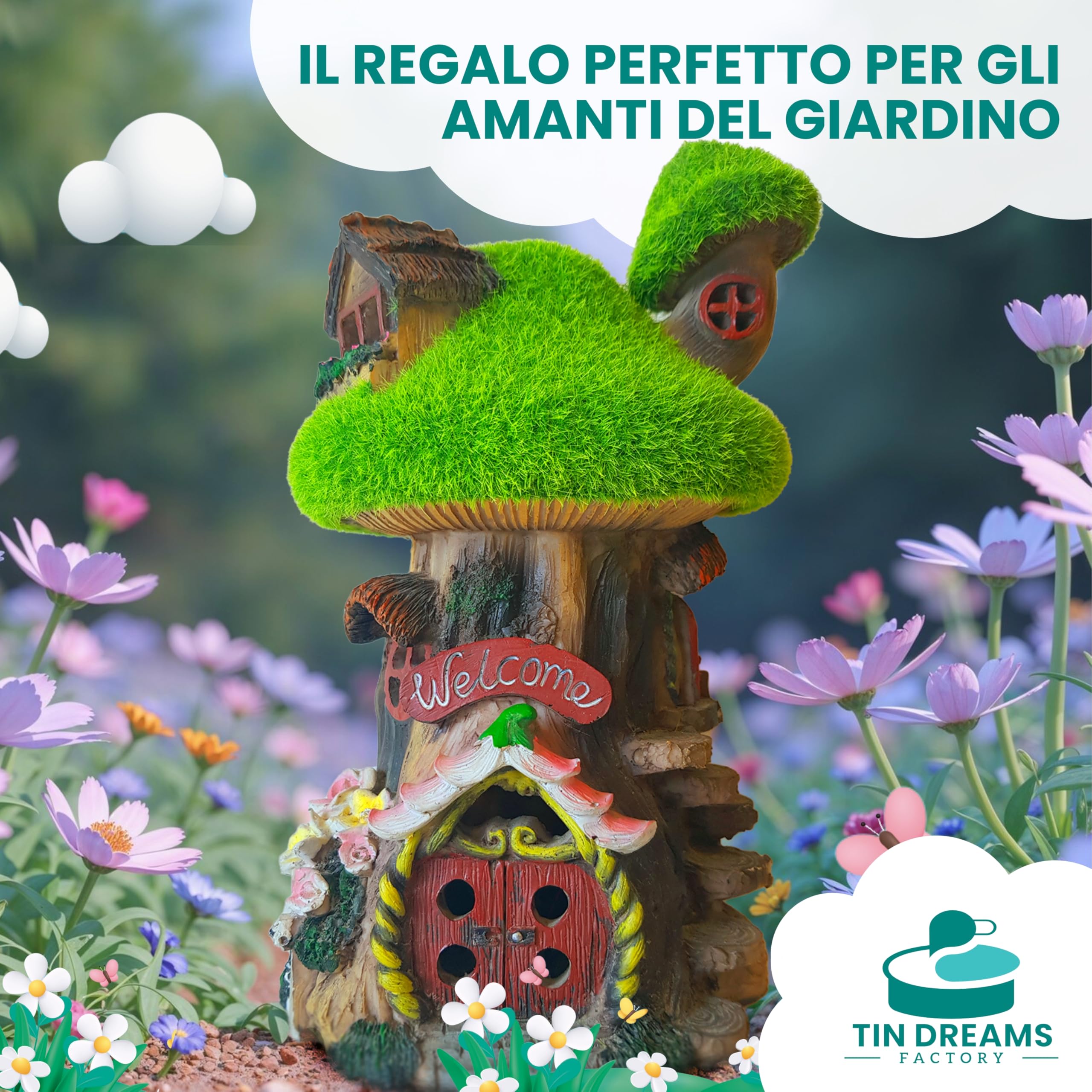 Fairy Tree House Casetta Fate Giardino Luce Solare Resina Decorazione LED