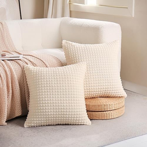 Miniatura 6 de Puncuntex Juego de 2 fundas de almohada decorativas de color blanco crema de 18 x 18 pulgadas, fundas de almohada de franela de felpa súper suave,