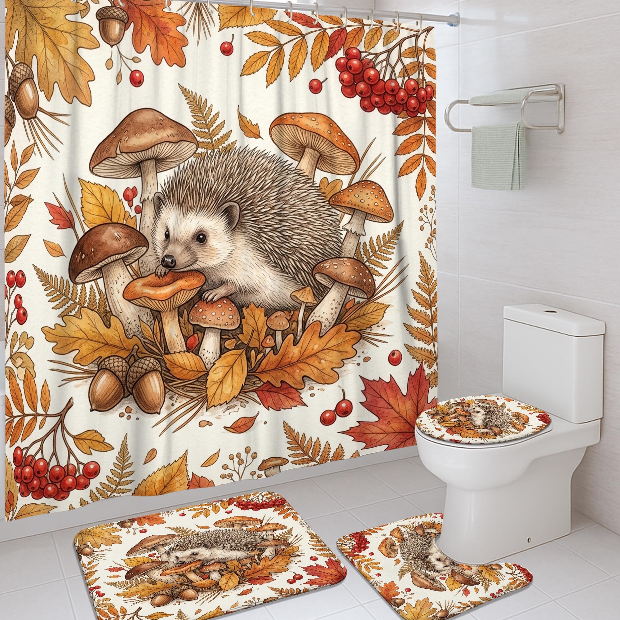 Rideau de douche en tissu imperméable marron 183x183 décor champignons feuilles