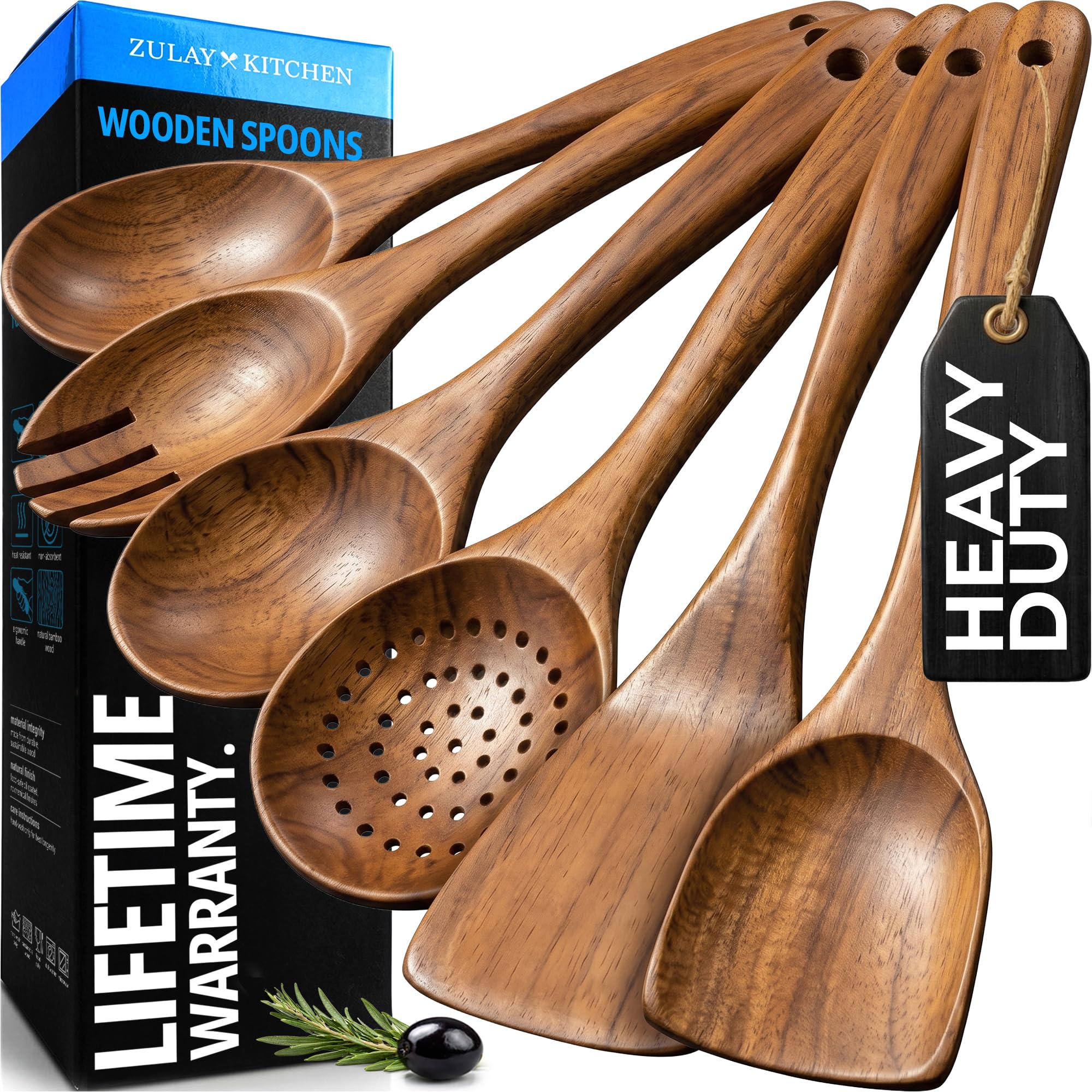 Zulay Kitchen 6 Piece Wooden Spoons for Cooking – Natural Teak Wooden Utensil Set, Easy to Clean, Durable, Smooth with Comfort Grip - Non Toxic Wooden Cooking Utensil Sets