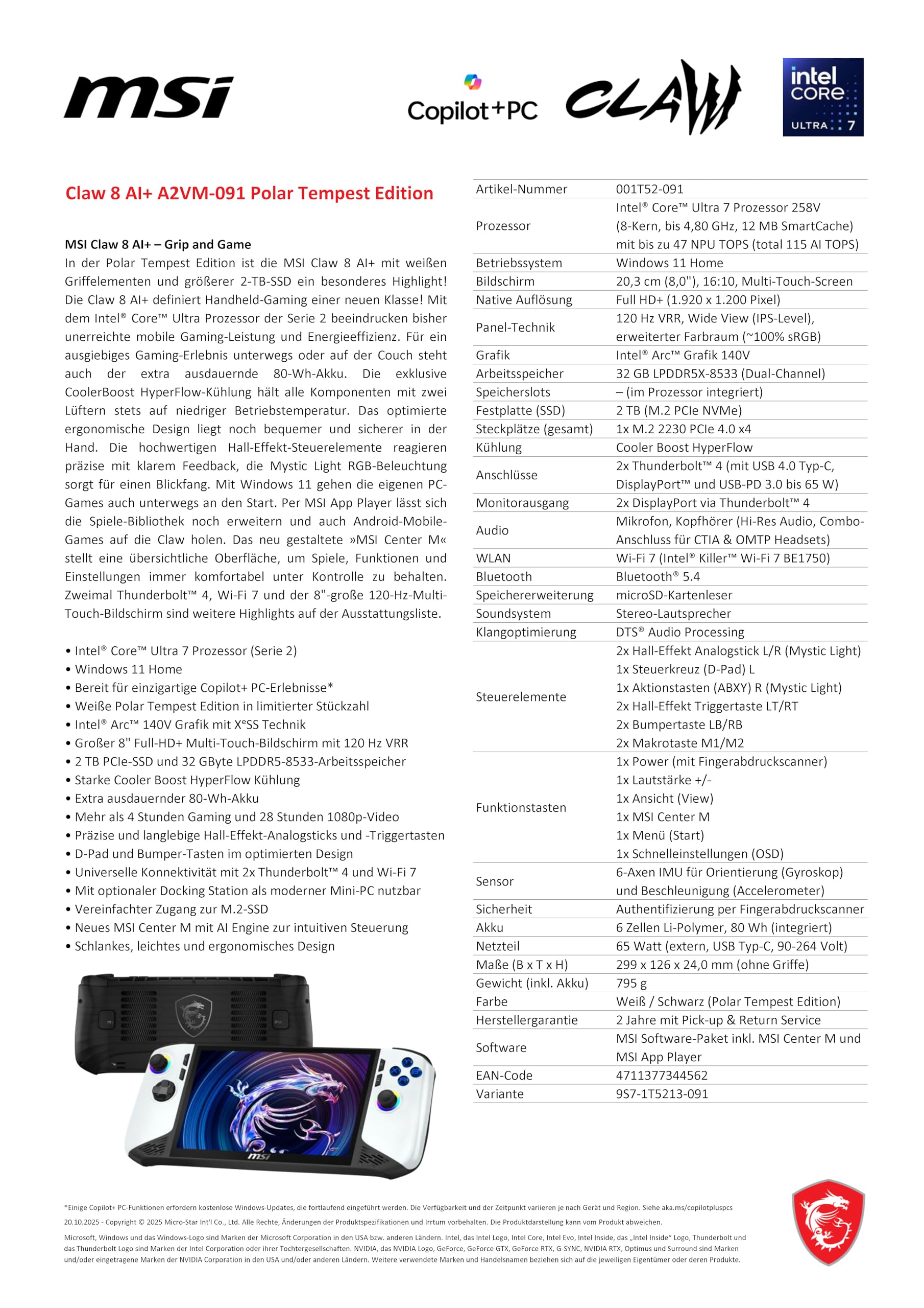 MSI Claw 8 AI+ A2VM-091 Polar Tempest Edition - 8" FHD+ IPS 120Hz Display Intel Core (001T52-091)