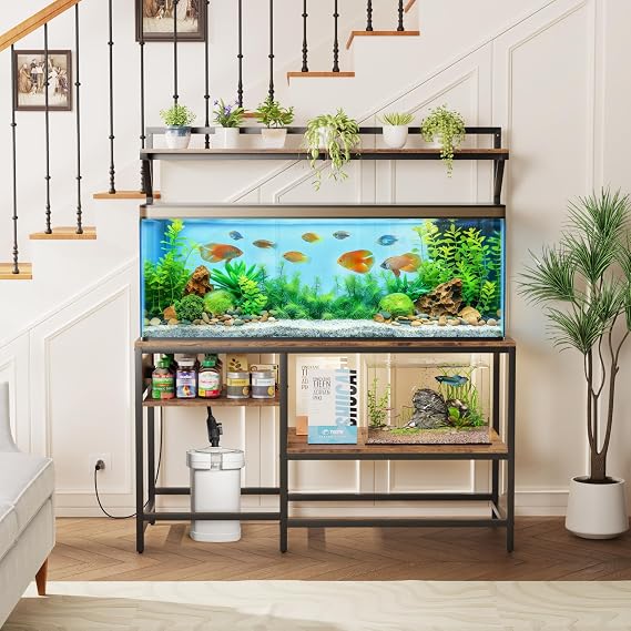 55 Gallon Fish Tank Stand, Aquarium Stand with Power Outlet, Heavy-Duty Reptile Terrarium Stand with 6-Leg Support and 4-Tier Adjustable Storage Shelves
