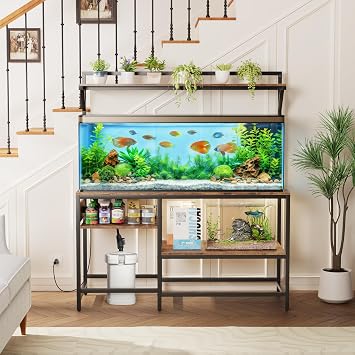55 Gallon Fish Tank Stand, Aquarium Stand with Power Outlet, Heavy-Duty Reptile Terrarium Stand with 6-Leg Support and 4-Tier Adjustable Storage Shelves