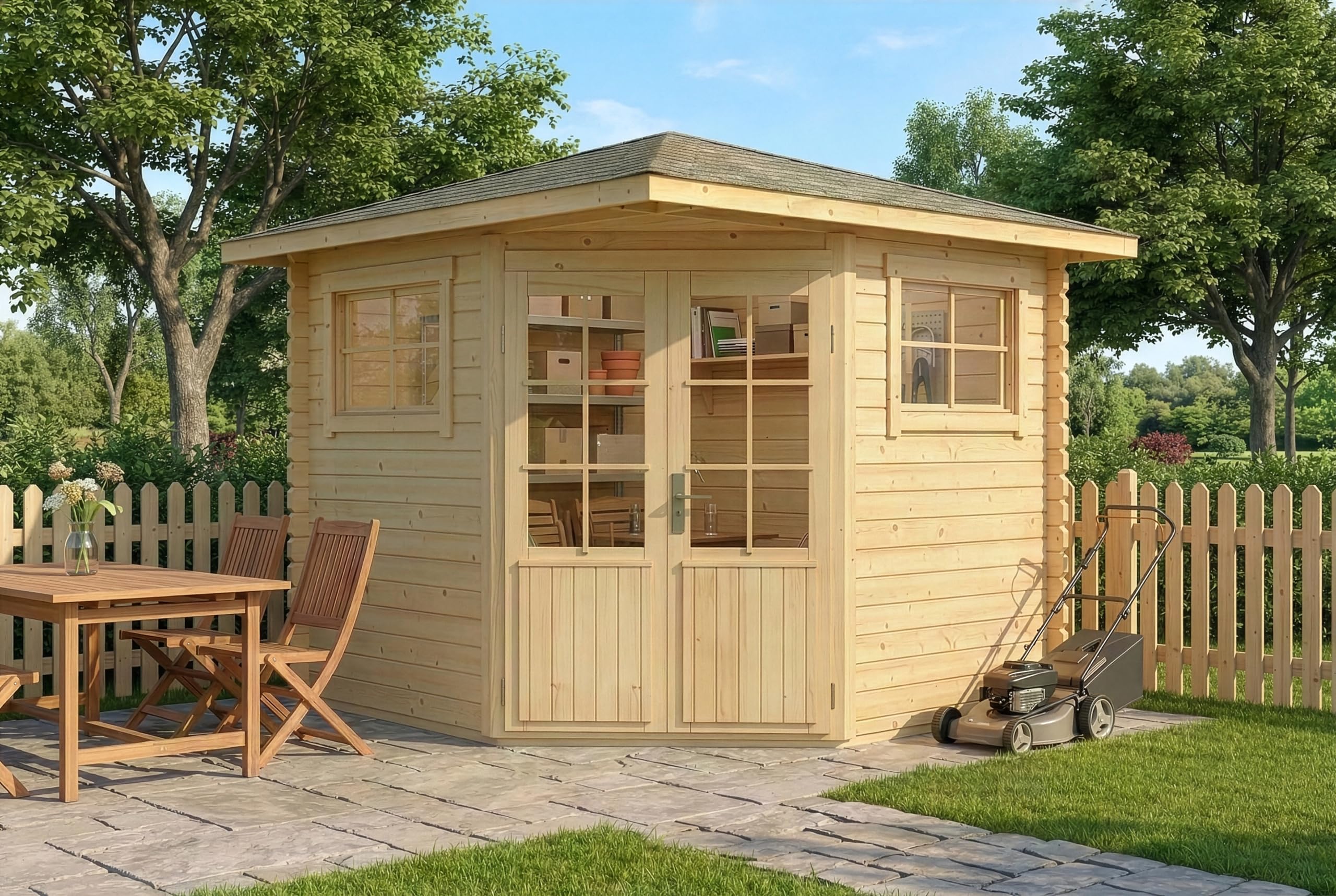 Alpholz 5-Eck Gartenhaus Sunny-B 269x269cm Naturbelassen 28mm Wandstärke