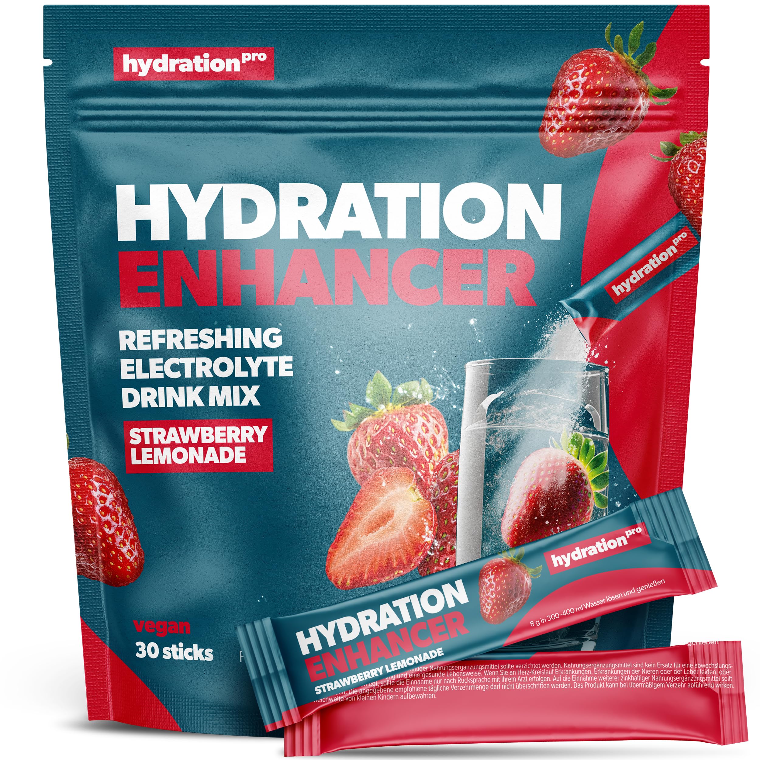 Elektrolyte Pulver - 30 Sticks mit 9 Vitaminen & Nährstoffen, Electrolytes - Vegan & produziert in Deutschland - Erdbeer Geschmack HydrationPro®