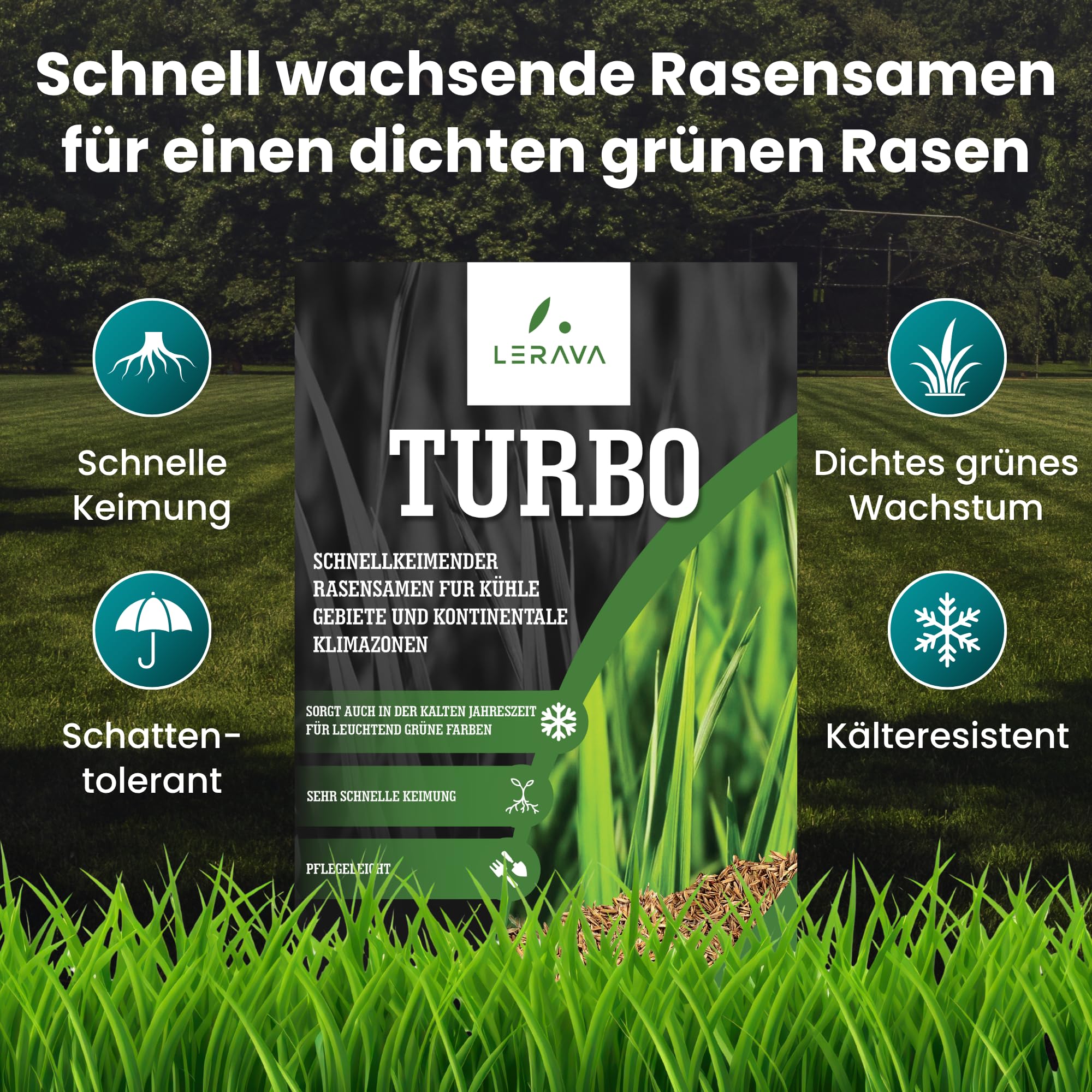 LERAVA Turbo Rasensamen schnellkeimend (360 m²) - Schattenrasen für kühle Gebiete - Leuchtend grüner & robuster Grassamen zur Nachsaat - Rasensaat für Frühjahr & Herbst