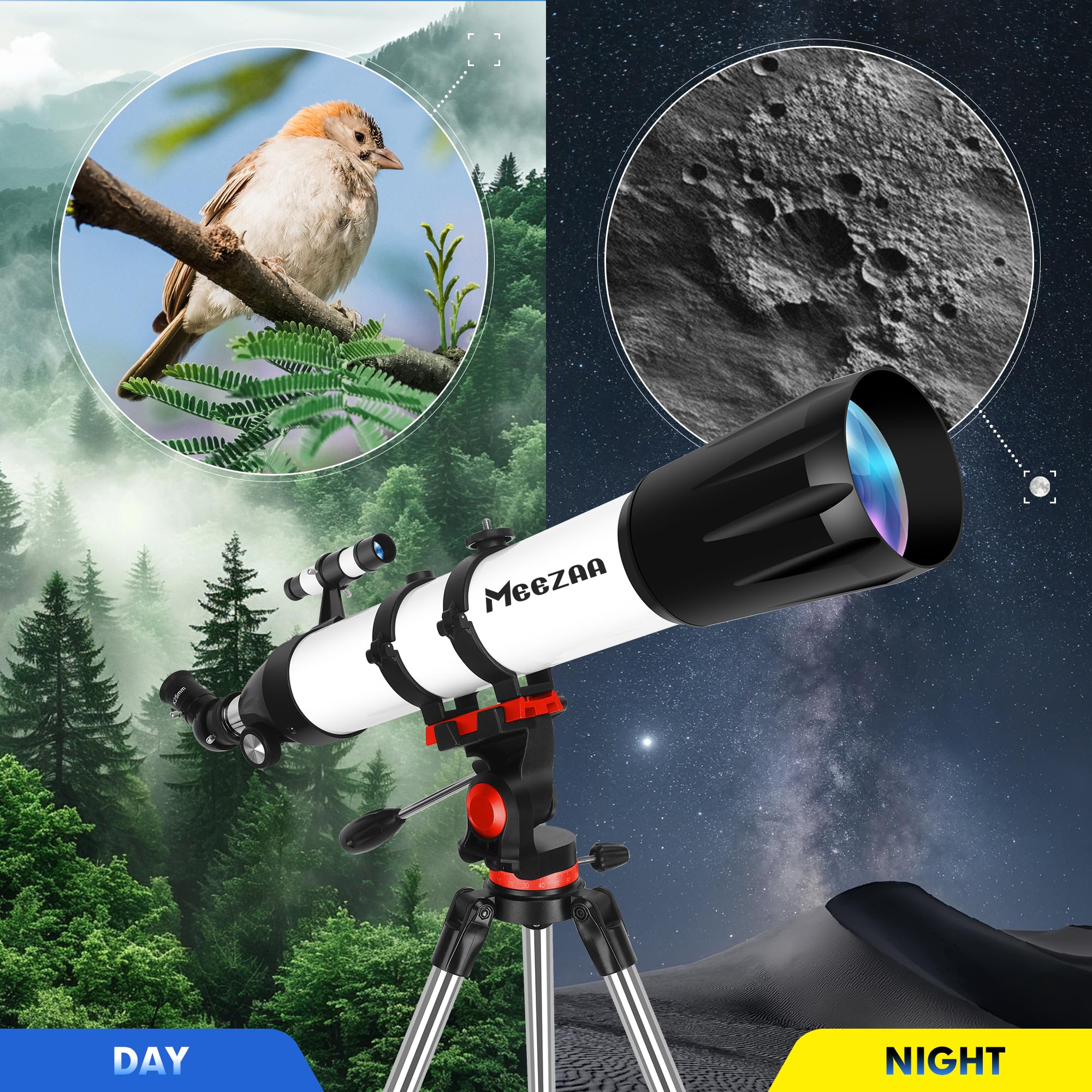 MEEZAA Teleskop, Teleskope für Erwachsene Astronomie Profi, 90mm Blende 800mm AZ Mount Refraktor Teleskop für Kinder und Anfänger, Teleskope Astronomisches zur Beobachtung von Mond und Planeten
