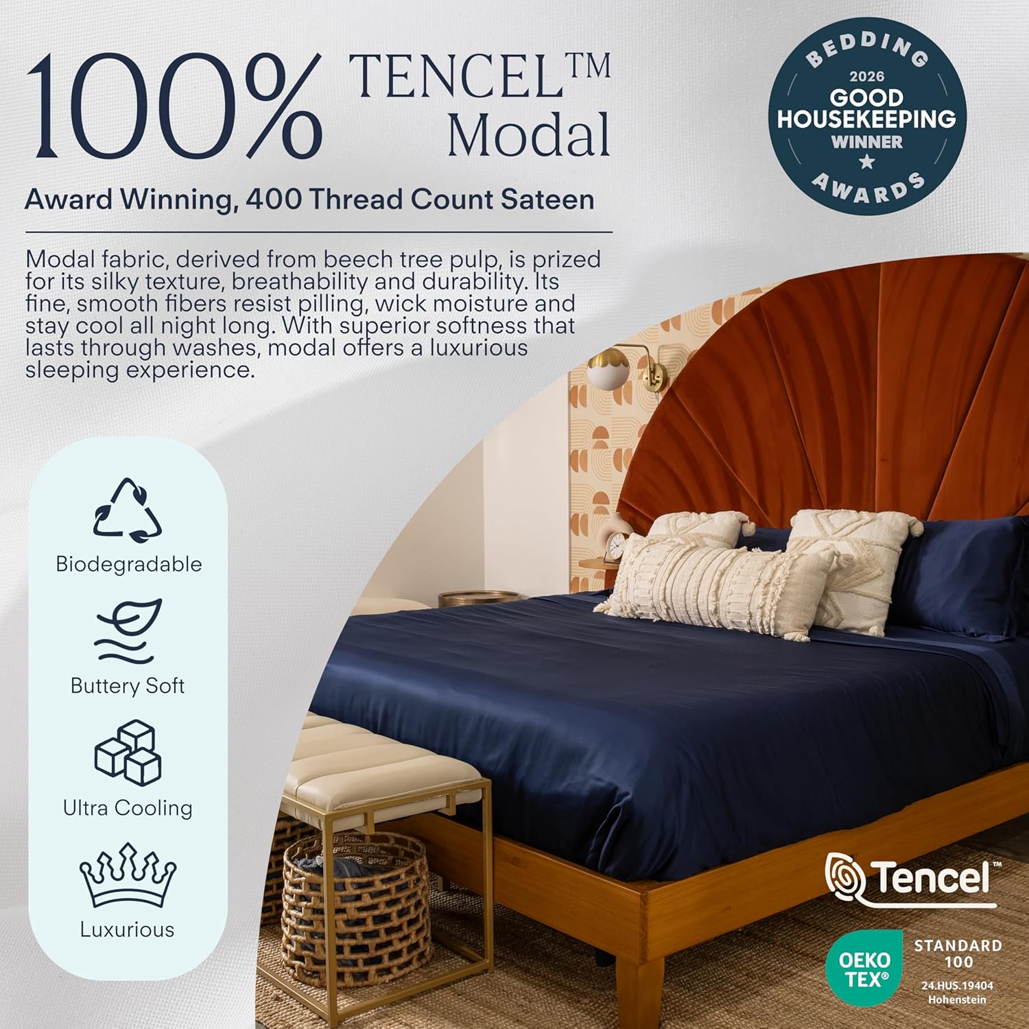 Pure Beech Modal Sateen Sheet Sets – 400TC Cooling Sheets - Buttery Soft, Luxurious Sateen Sheets from Beechwood (Deep Sleep, Queen)