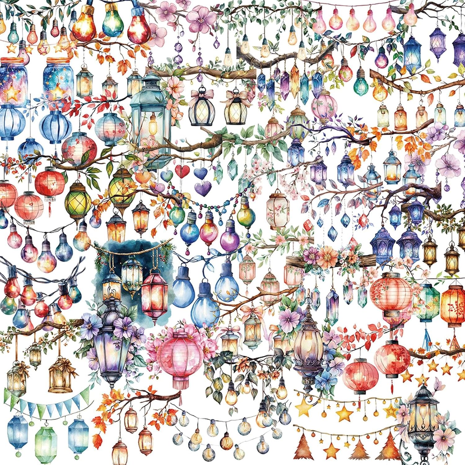 50PCS Watercolor Hanging Lantern and String Light Stickers，Clear Tree Branch Scrapbook Stickers for Journaling, Card Making,Water Bottle Suitcase Phone Skateboard Guitar Bike Laptop Scrapbook