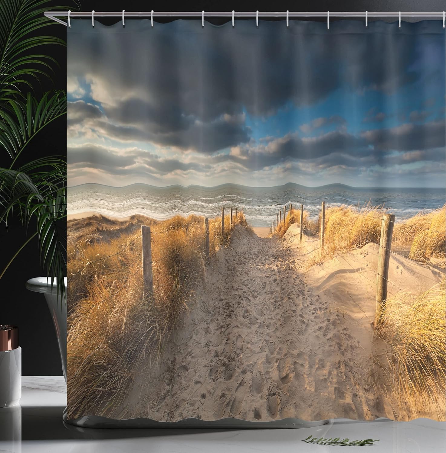 Ambesonne Beach Shower Curtain, Sand Path to The North Sea Beach in Zandvoort Netherlands with Sunshine and Dark Clouds Seasonal Art, Cloth Fabric Bathroom Set with Hooks, 69" W x 70" L, Yellow Blue