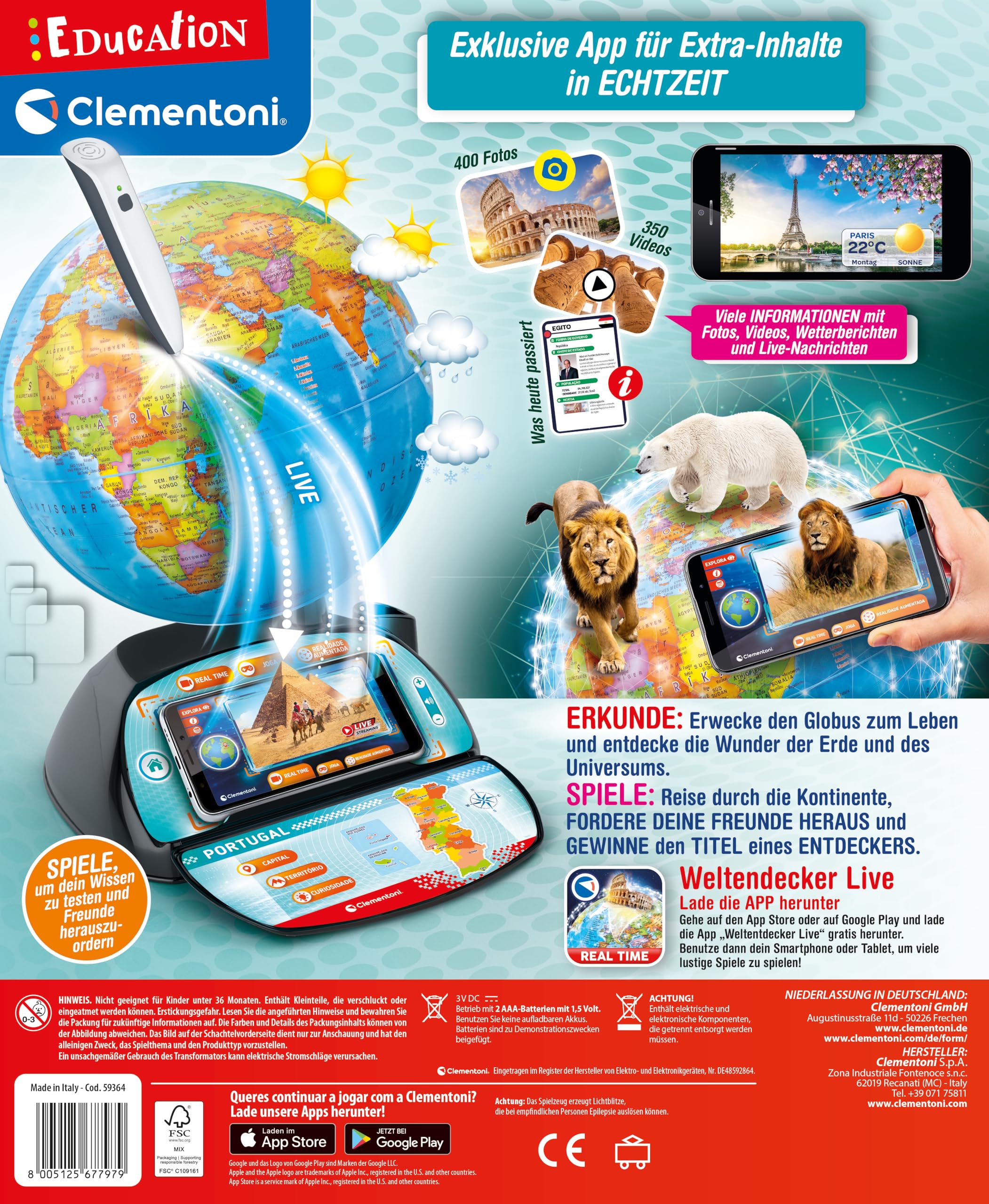 Clementoni Digitaler Globus Real-Time - Kinderglobus für Kinder ab 7 Jahren | Interaktive Weltkugel zum Lernen & Spielen 59364