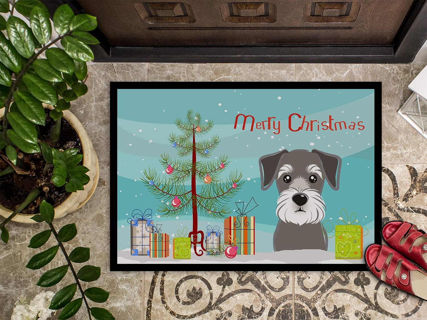 Caroline's Treasures BB1578JMAT Christmas Tree and Schnauzer Doormat 24x36 Front Door Mat Indoor Outdoor Rugs for Entryway, Non Slip Washable Low Pile, 24H X 36W