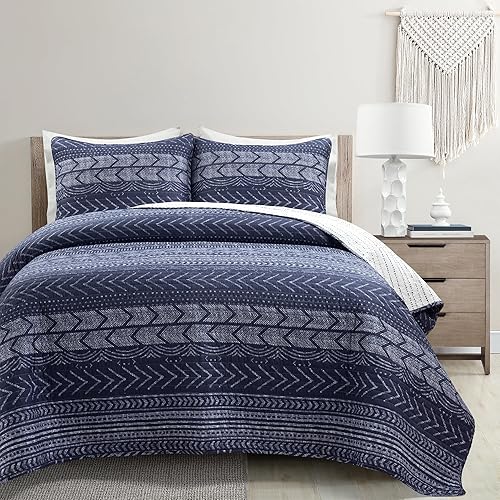 Lush Decor Hygge - Juego de ropa de cama de 3 piezas con patrón geográfico, tamaño matrimonialQueen, azul marino