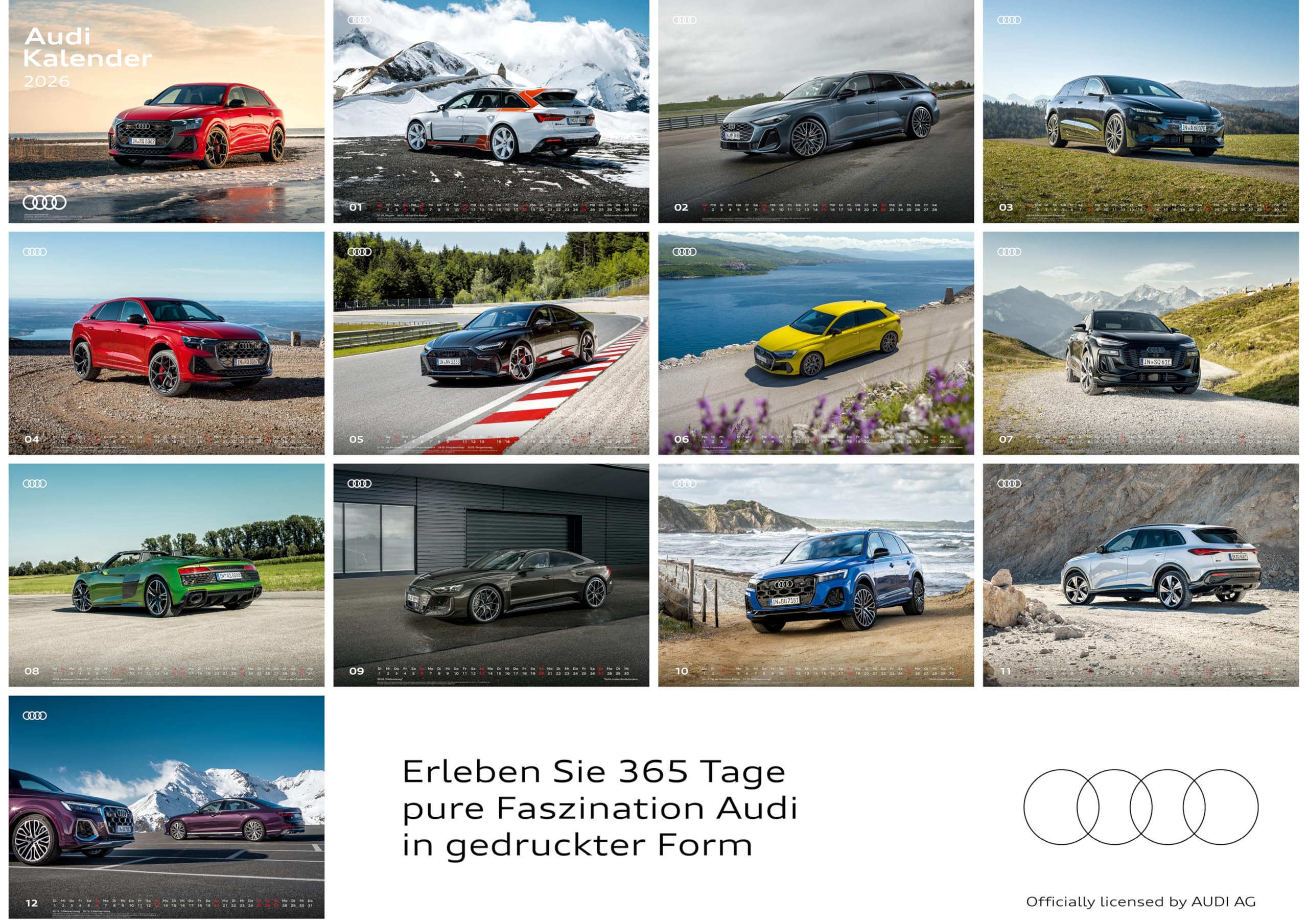Audi Kalender 2026 DIN A2 60x42cm // Officially licensed by AUDI AG // TTRS RS3 RS4 RS5 RS6 RS7 R8 RSQ8 etron/Audi Sport/Premium Auto Wandkalender