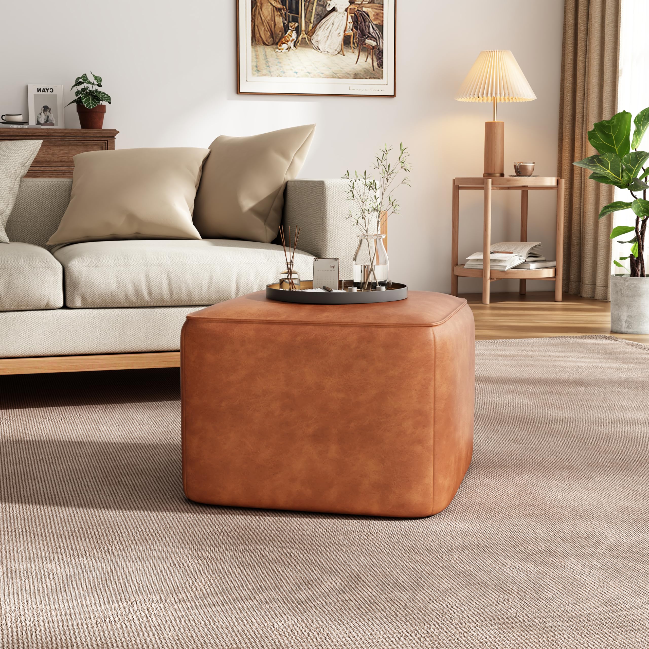 Christopher Knight Home Ellis Faux Leather Pouf Ottoman Foot Rest, Square PU Pouffe Ottoman Footstool, Living Room Sofa Couch Extra Seat, Modern