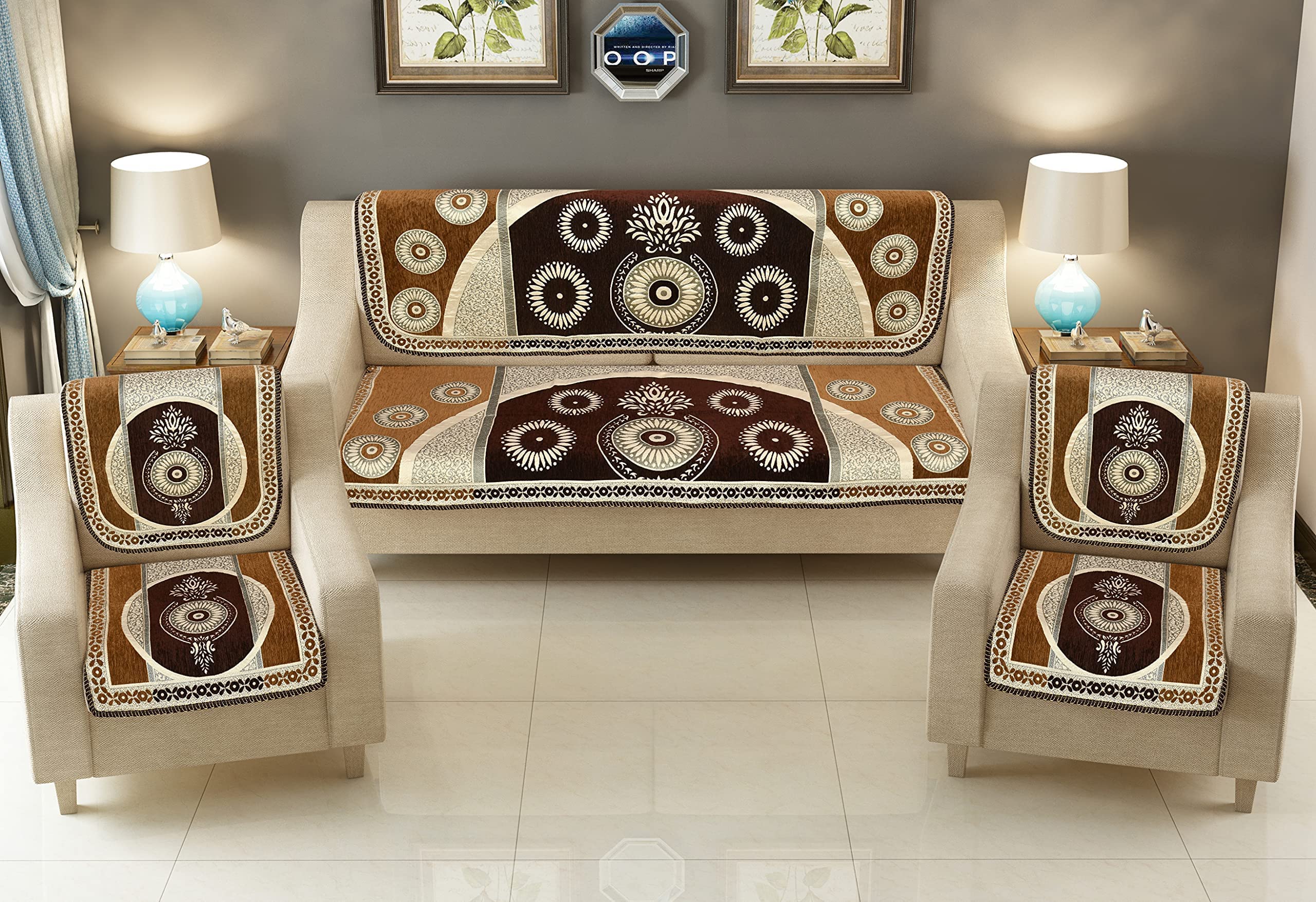 Jayvaam Chenille Sofa Cover Set 5 Seater for Living Room - 3 Seater & 2 Seater Sofa Slip Covers for Home - Premium Furniture Protector Panels for Sofa Couch Office, 10 Piece, Coffee Chiku