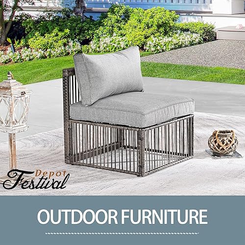 Miniatura 5 de Festival Depot Sofá individual de mimbre para patio, silla sin brazos para exteriores, silla de ratán de polietileno marrón para todo tipo de clima,