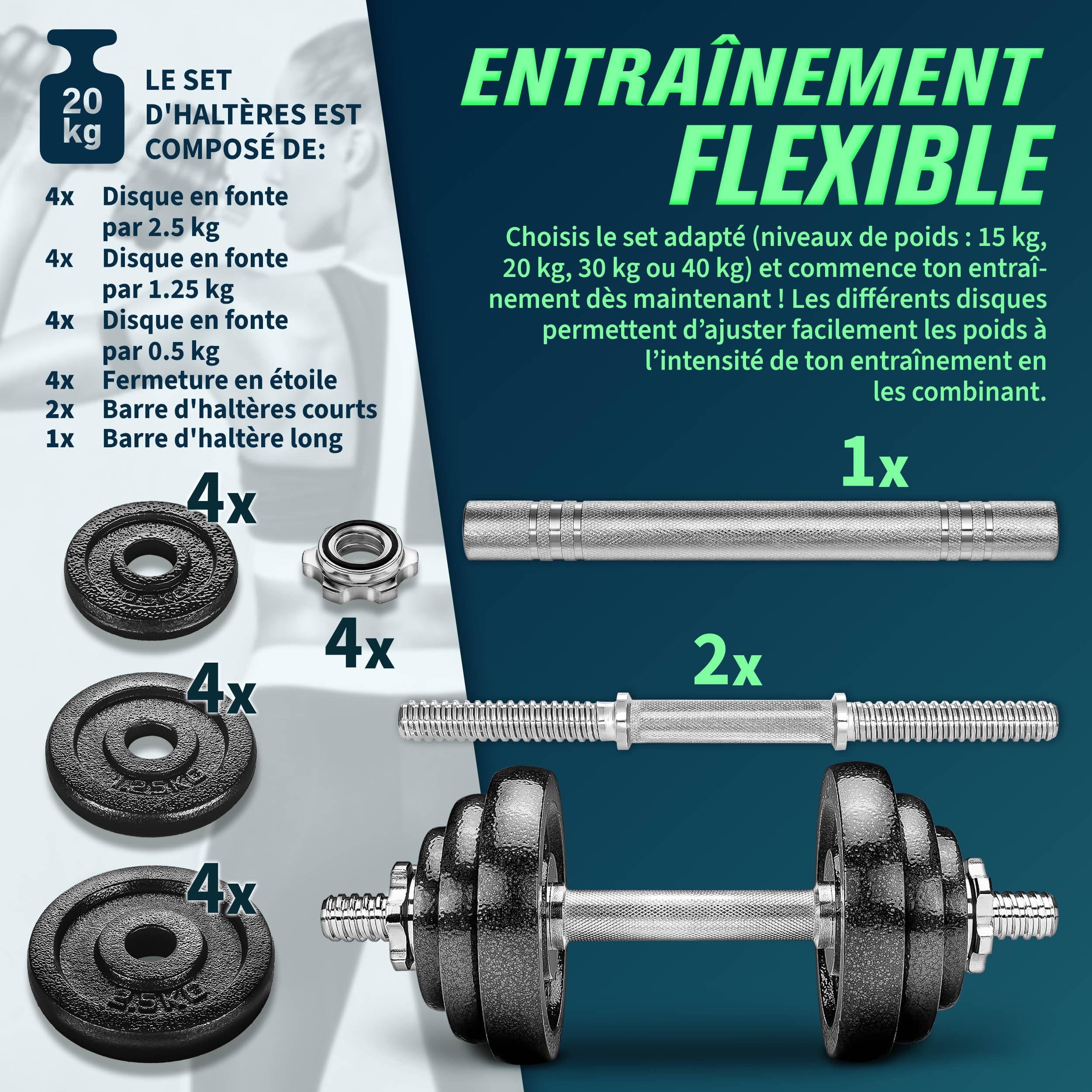 RE:SPORT Kit d'haltères 2-en-1 15-40 kg | Ensemble modulable d'haltères en fonte | Haltères longs et courts | Fermetures en étoile et Barre de liaison