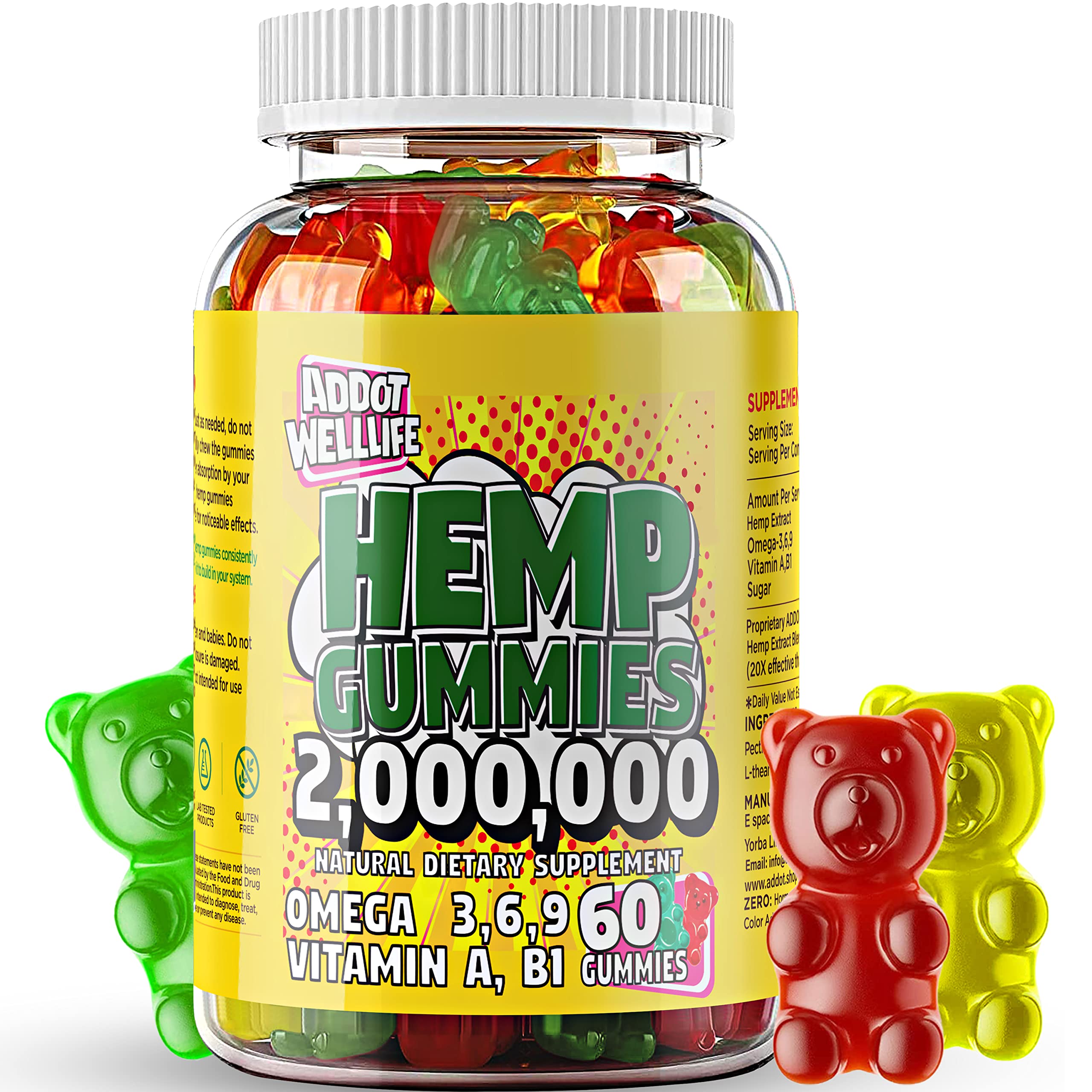 ADDOT WellLife Hemp Gummies 20X Natural High Potency Vitamin Gummies, Vegan Infused with Hemp Oil for Wellness (1 Pack 60 Gummies)