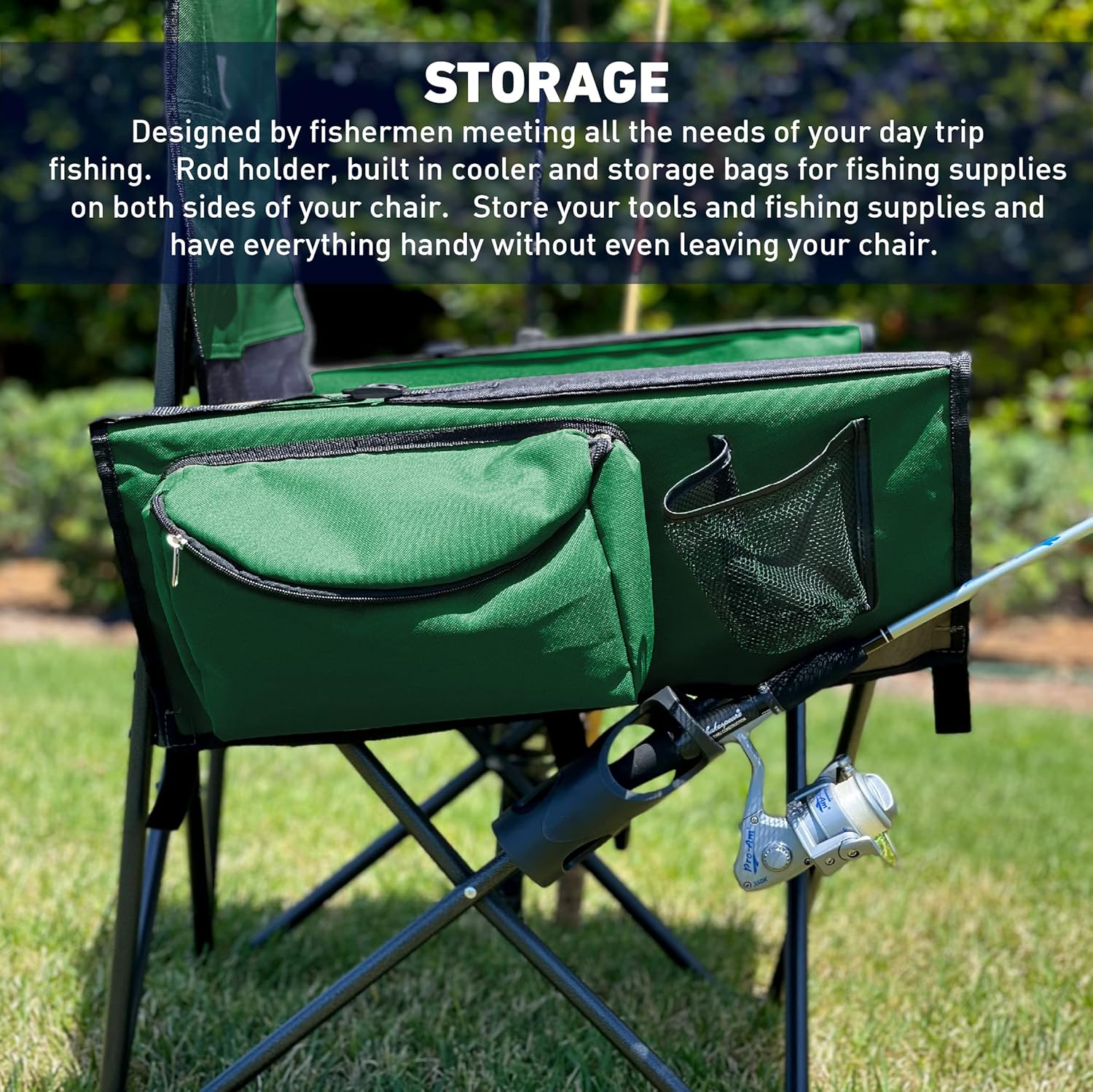 EASYGO PRODUCTS Fishing Chair with Rod Holder – Built in Cooler – Hands Free Fishing Pole Holder - Storage Pouch – Full Size Portable & Folding – Ruler for Measuring Fish, Fishing Chair Green