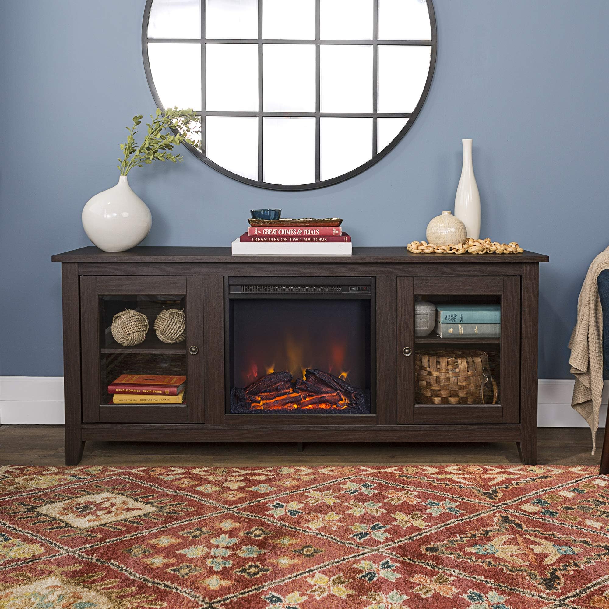 Home Accent Furnishings Lucas 58 inch Fireplace Tv Stand with Glass Doors in Espresso