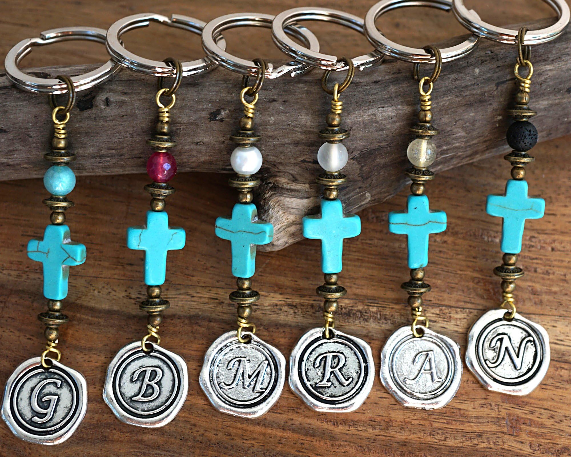 Blue Turquoise Cross Keychain Favors Cross Key Chain Initial Monogram Silver Wax Seal Custom Keyring Personalized religious Gift for men women Handmade and Crafted by KapKaDesign