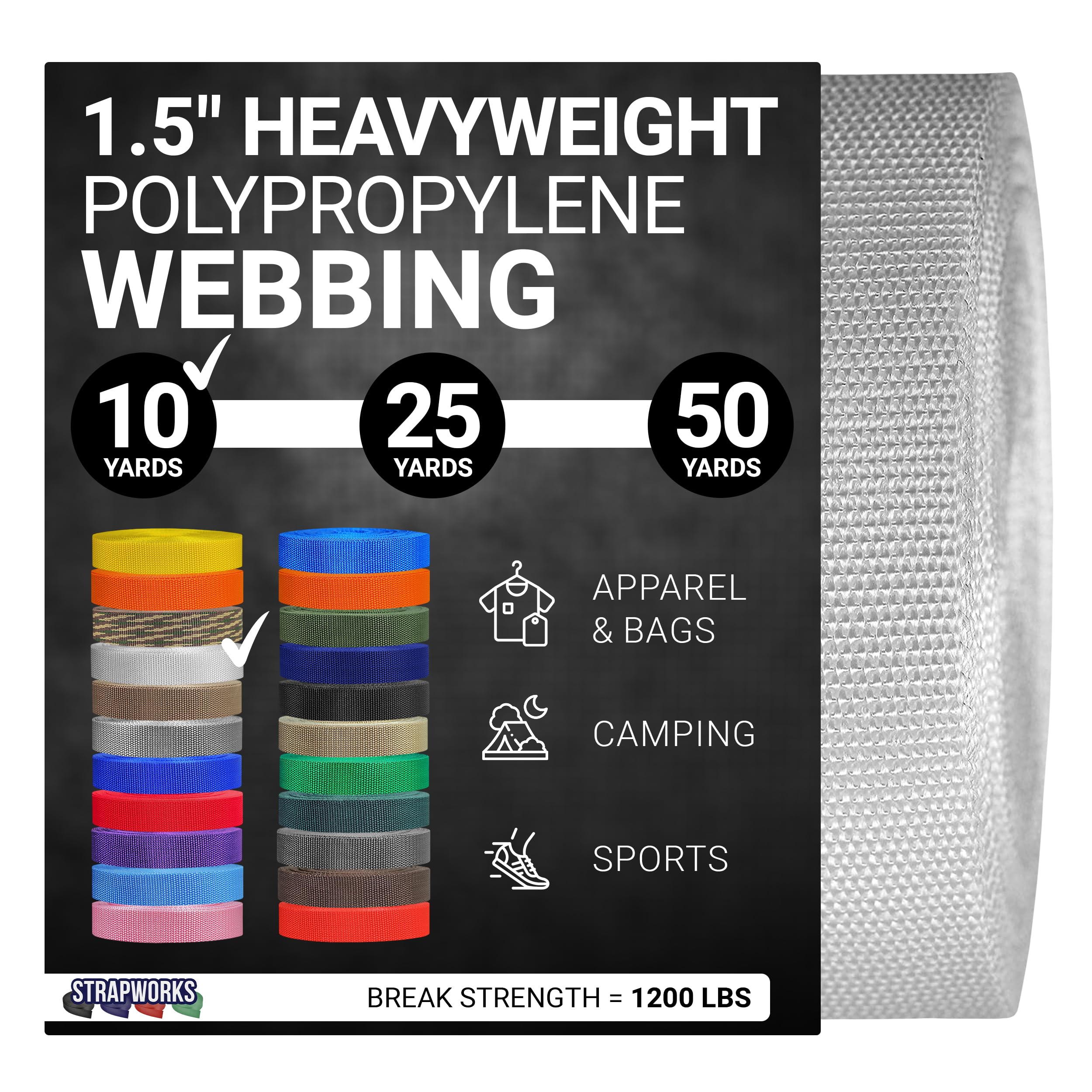 Strapworks Heavyweight Polypropylene Webbing - Heavy Duty Poly Strapping for Outdoor DIY Gear Repair, 1.5 Inches