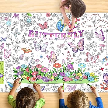 Giant Butterfly Garden Coloring Tablecloth for Kids, 30x72 Inch Jumbo Paper Poster with Beautiful Flowers, Creative Arts and Crafts Activity for Girls, Spring Birthday Party Supplies