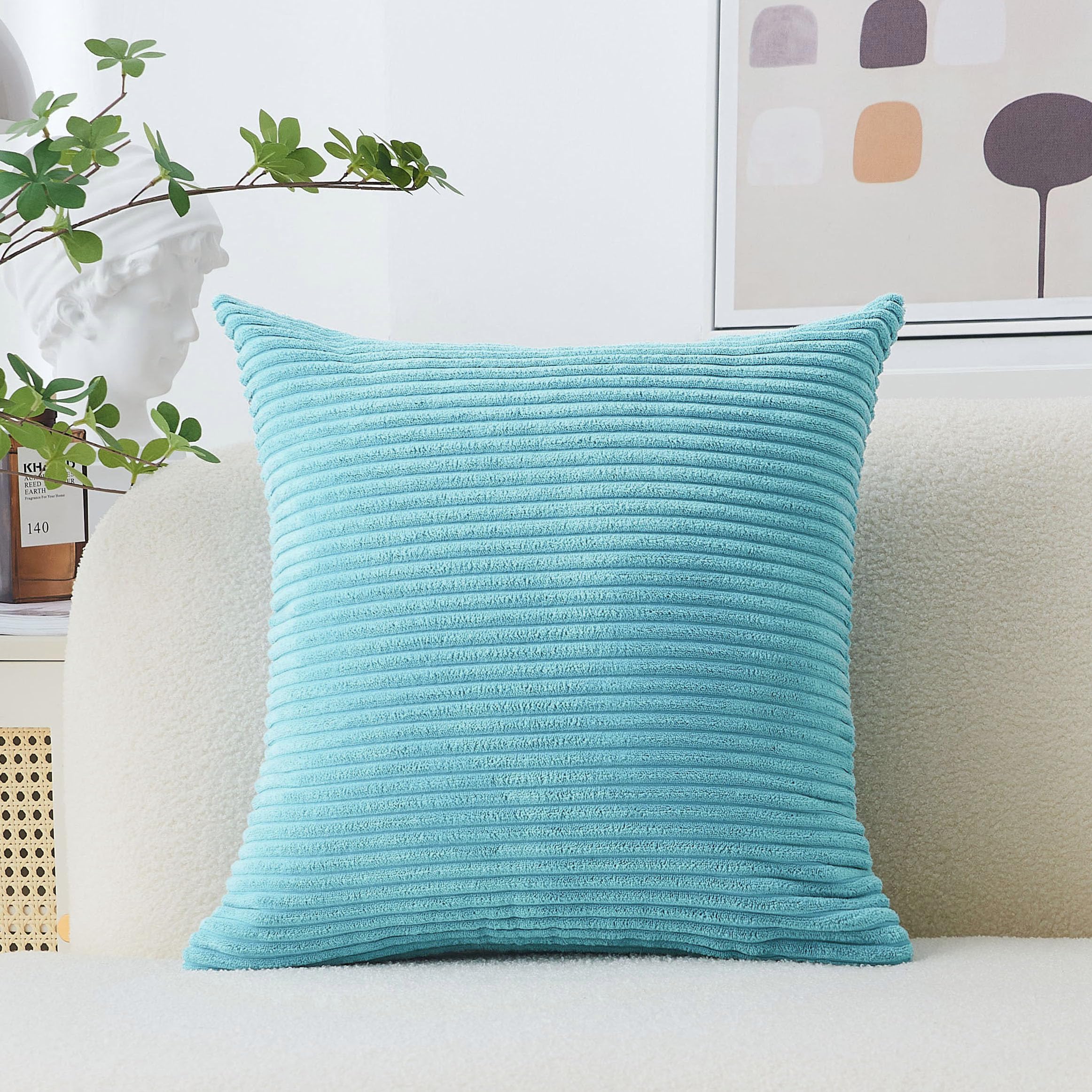 Home Brilliant Teal Throw Pillow Cover Decorative Soft Velvet Striped Corduroy Square Throw Pillow for Couch, 18 x 18 inch(45cm)