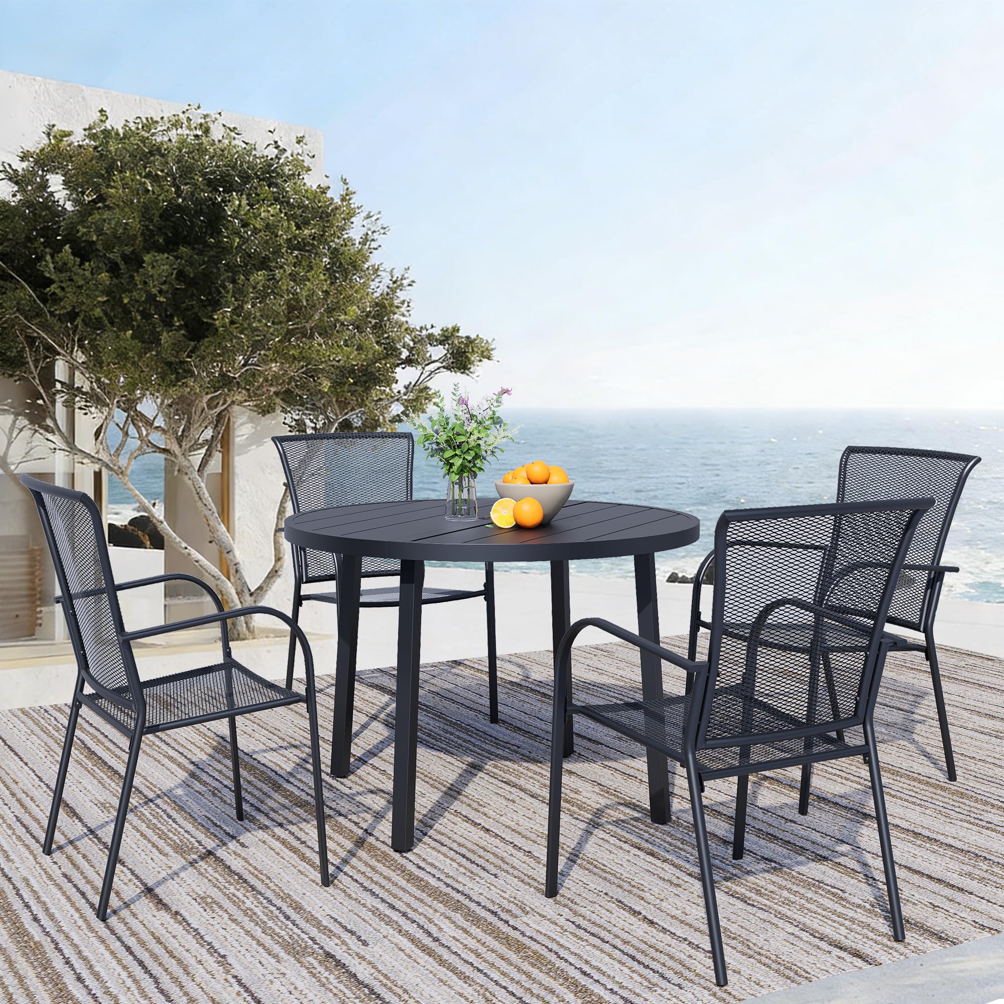 5 Piece Outdoor Dining Set, Patio Dining Table Set for 4, 42" Black Round Table with 4 All Weather Mesh Outdoor Dining Chairs for Lawn, Garden, Porch